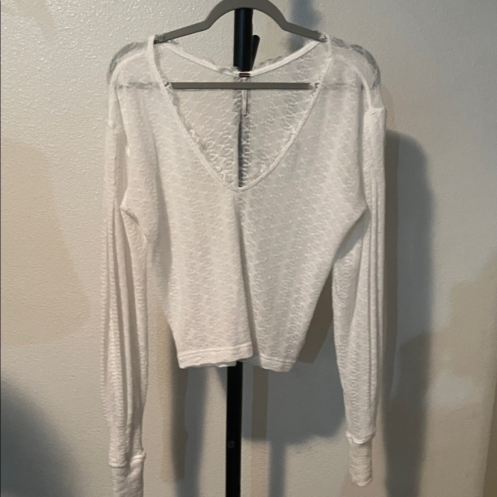 Free People White Sheer V-Neck Long Sleeve Top